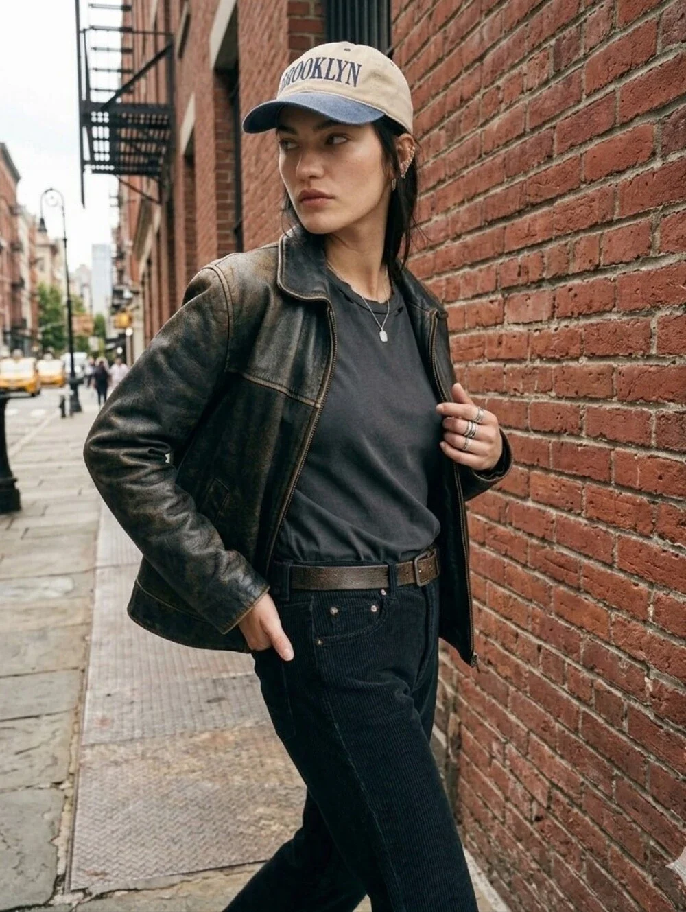 Vintage 'Brooklyn' Embroidered Unisex Baseball Cap - Beige and Navy